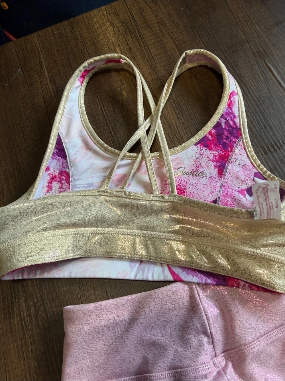 Justice Pink Shimmer Bike‎ Shorts with Pink Watercolor Sports Bra